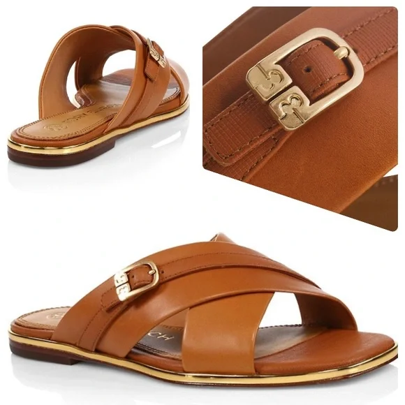 Tory Burch Delaney Crisscross Flat Slide Sandals - Picture 1 of 14